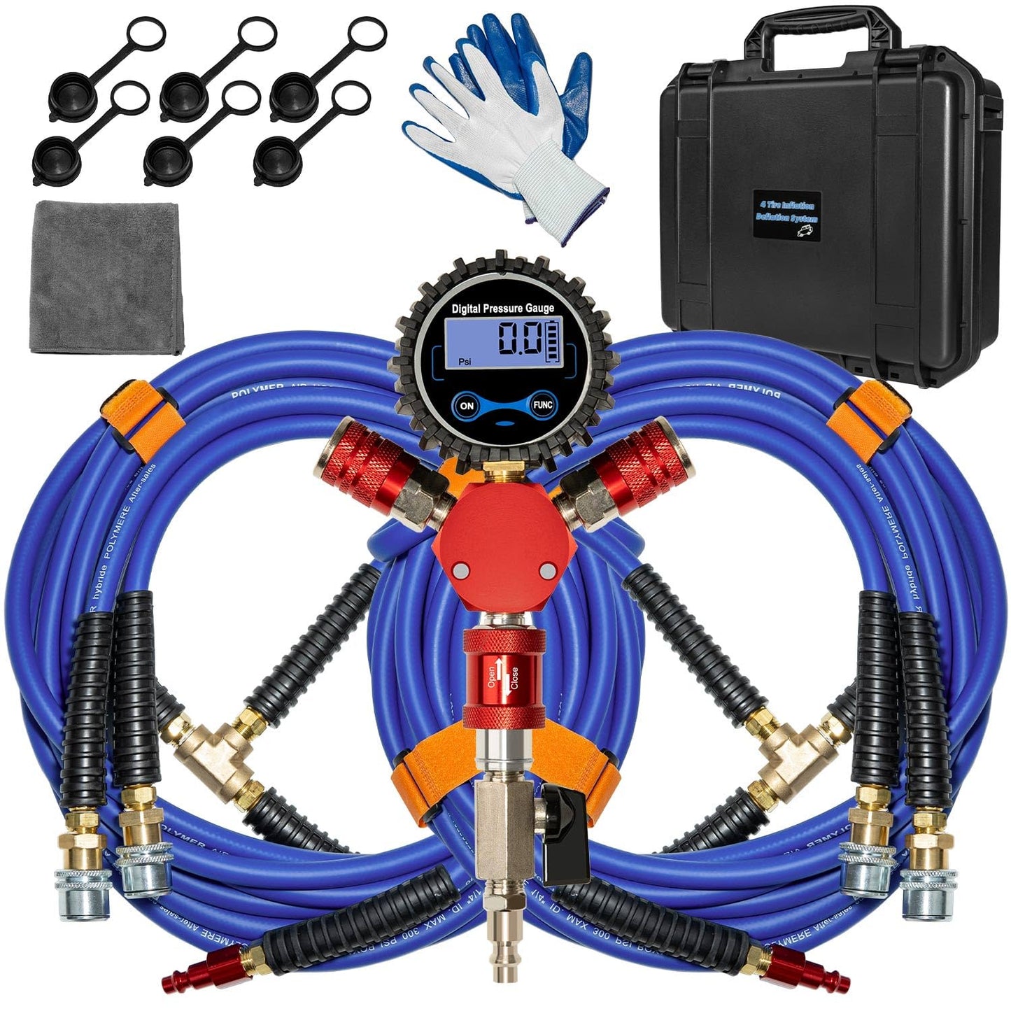 FACFUEL 4 Tire Inflation System, Fits Up to 200" Wheelbase, Rapid High Flow 4 Way Tire Inflator with Hard Case, Lock-On Air Chucks Manifold, Digital Gauge, Portable Off Road Tire Deflator