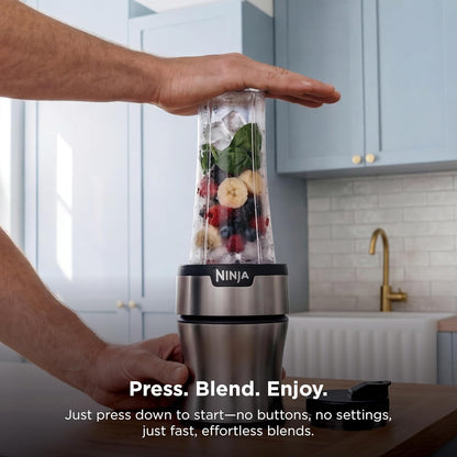 Ninja Nutri-Plus Personal Blender - Compact Push-To-Blend for Smoothies & Frozen Drinks | 3 To-Go Cups & Lids | 900 Peak Watt | Silver | BN301