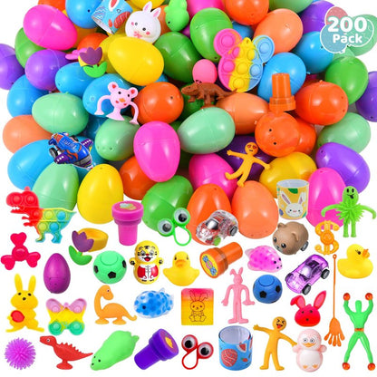 Cherislpy 200 Pack Prefilled Easter Eggs with Mini Novelty Squishy Fidget Toys Inside Assorted Toys Great for Kids Girls Boys Easter Party Favors Basket Stuffers Eggs Fillers