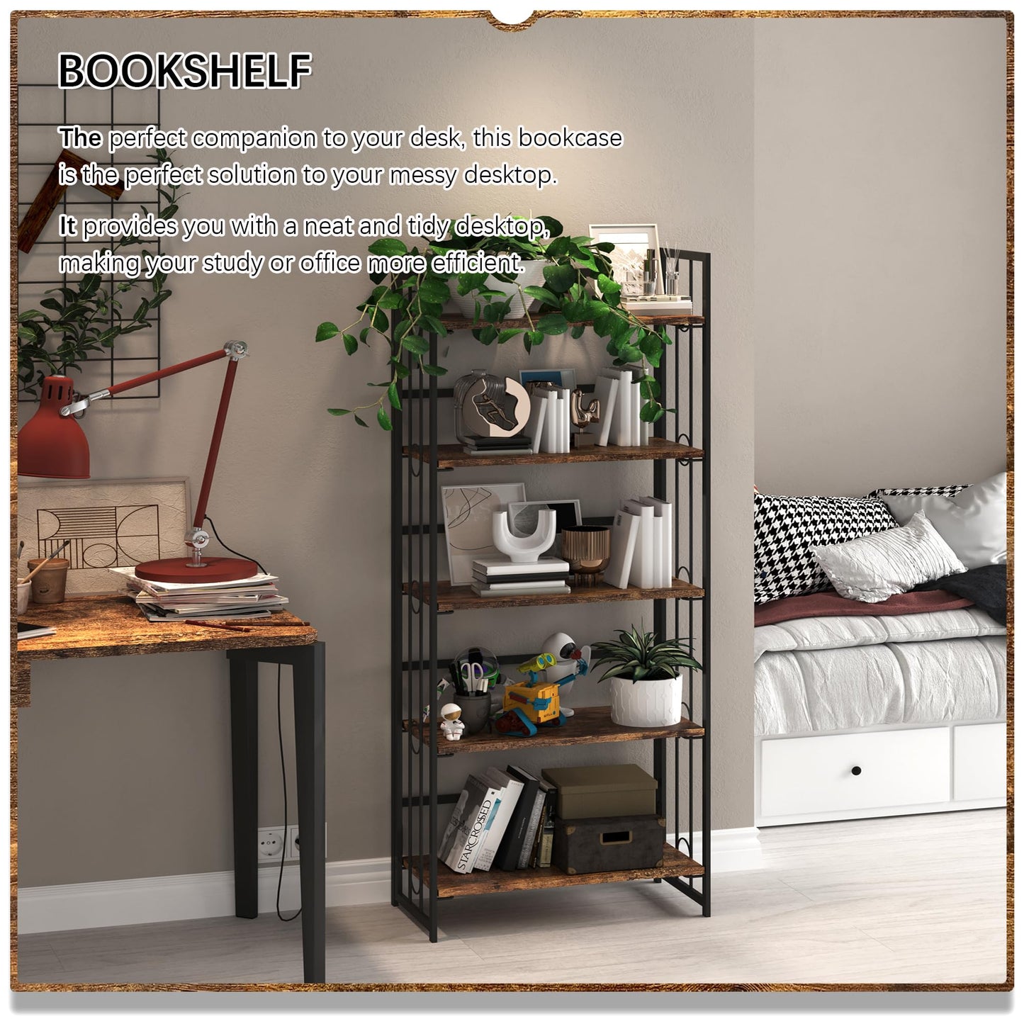 4NM No Assembly 5 Tiers Folding Bookshelf, 59.4" H Foldable Storage Shelves Vintage Bookcase Standing Racks Study Organizer Home Office - Rustic Brown Black