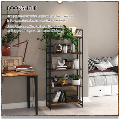 4NM No Assembly 5 Tiers Folding Bookshelf, 59.4" H Foldable Storage Shelves Vintage Bookcase Standing Racks Study Organizer Home Office - Rustic Brown Black