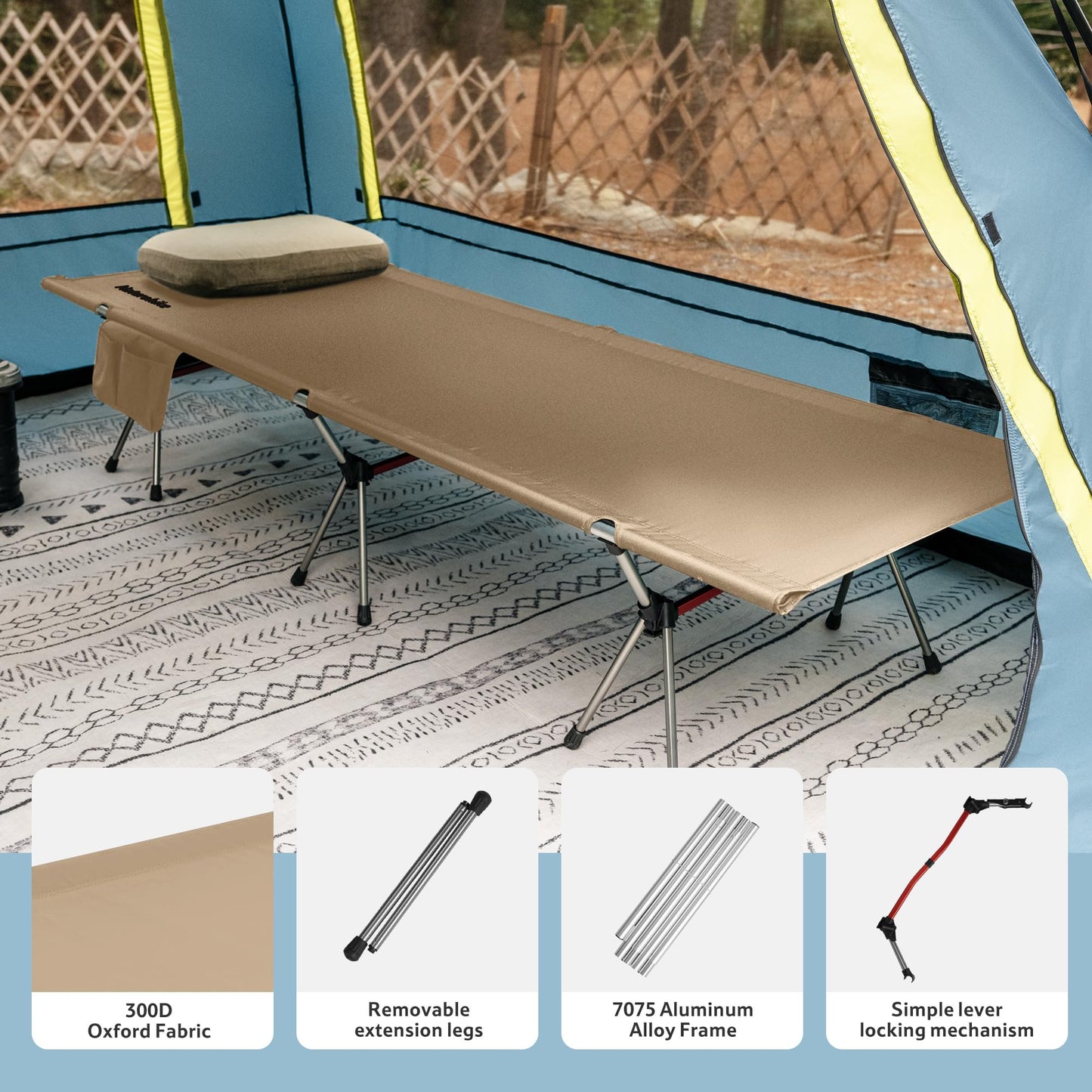 Naturehike ArmyWild Folding Camping Cot, Height Adjustable Ultralight Widen Backpacking Cot, Portable Camping Bed for Camping Hiking Travel Home（Upgraded Khaki）