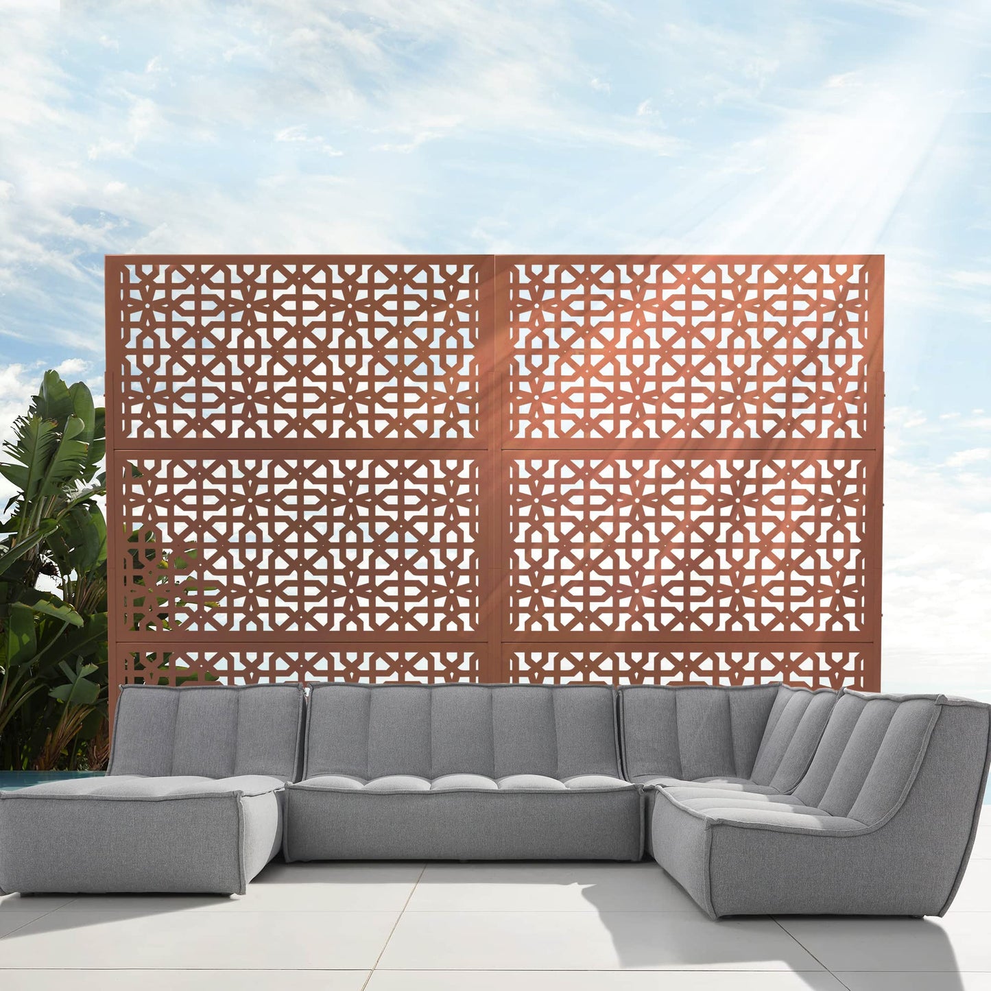 Elevens Outdoor Decor Privacy Fence Screen Metal Fence Panels,Decorative Privacy Screen with Stand,Outdoor Divider for Garden Patio Backyard,76" H×35" W(Brown-Perilla)