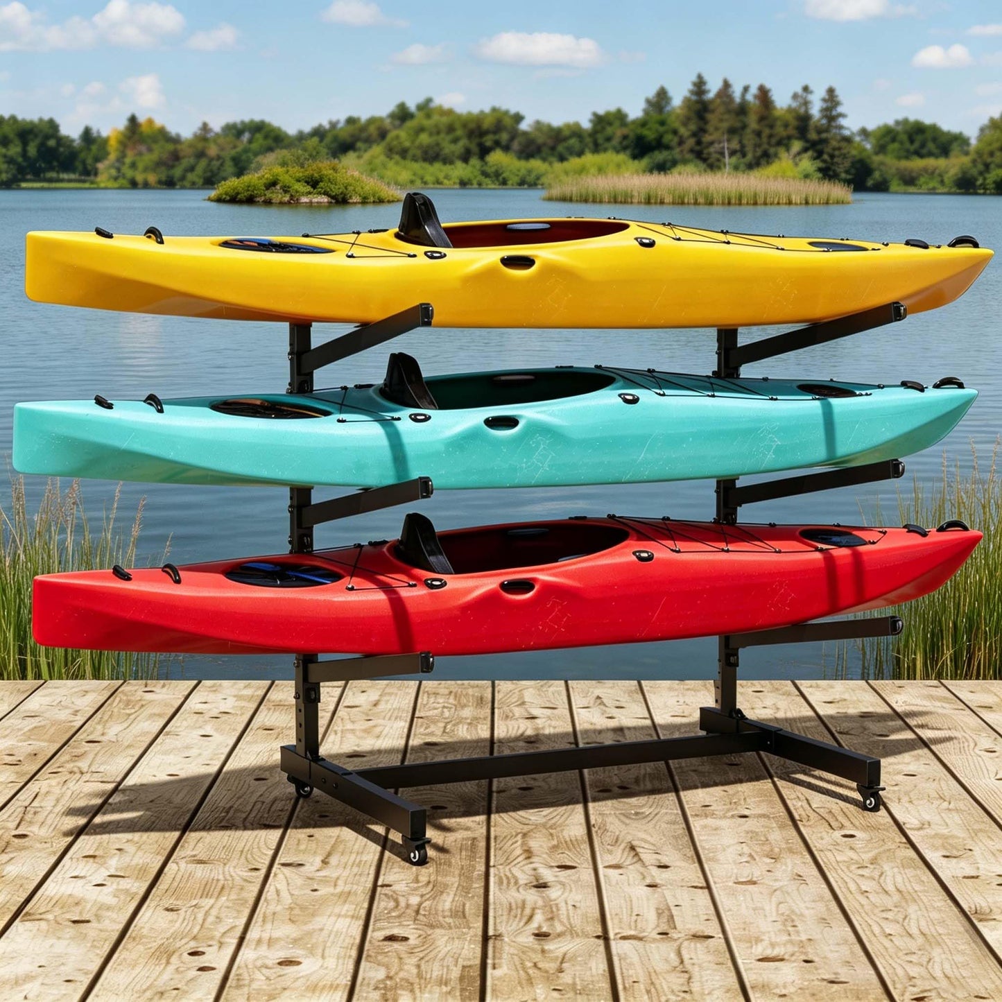 Baotree Heavy Duty Freestanding Kayak Storage Rack, Adjustable Metal Stand for 3 Kayaks, Canoes, SUPs, Paddleboards & Surfboards with Lockable Wheels, Indoor & Outdoor Use