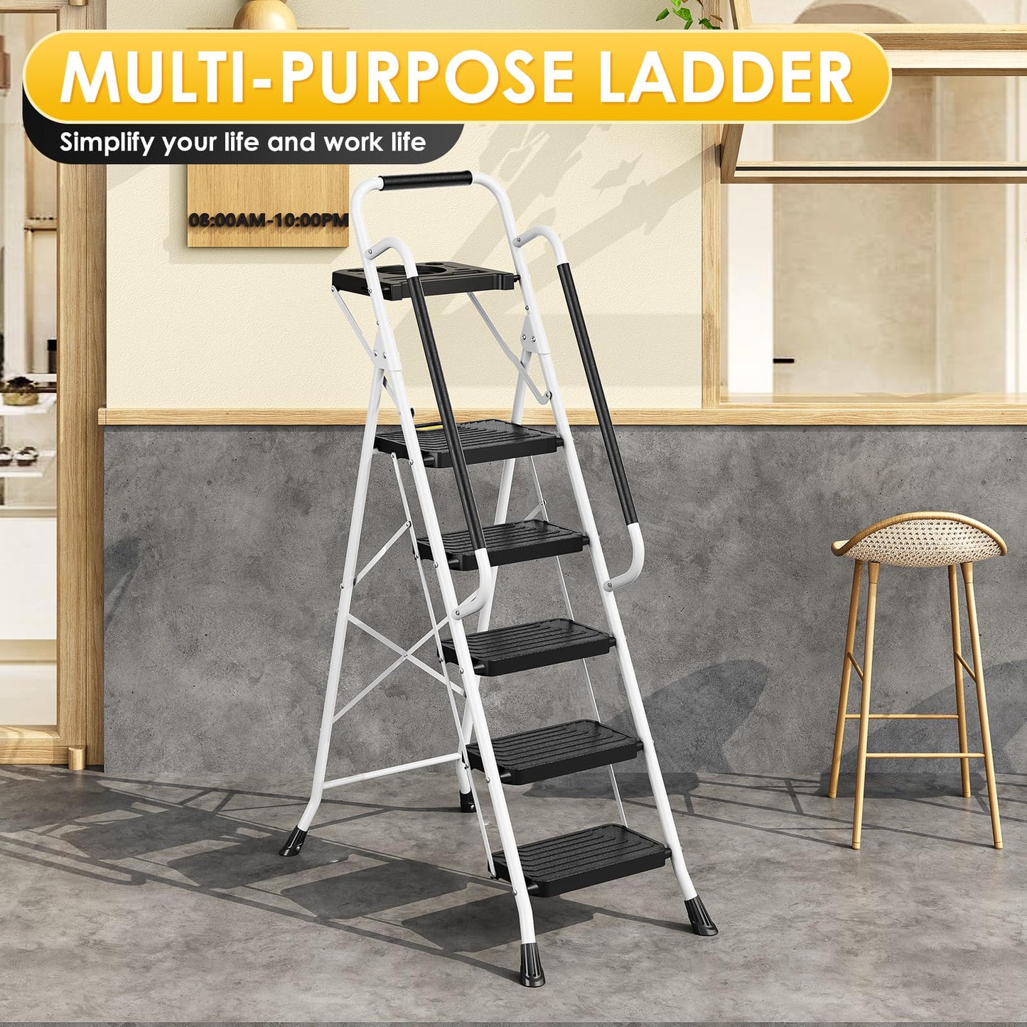 TOOLF 5 Step Ladder, Sturdy Steel Step Stool with Tool Platform, Anti-Slip Wide Pedals, Handrail, Safe-Lock Design, Folding Portable Ladder for Home, Kitchen, Pass 800lbs Load Testing, White