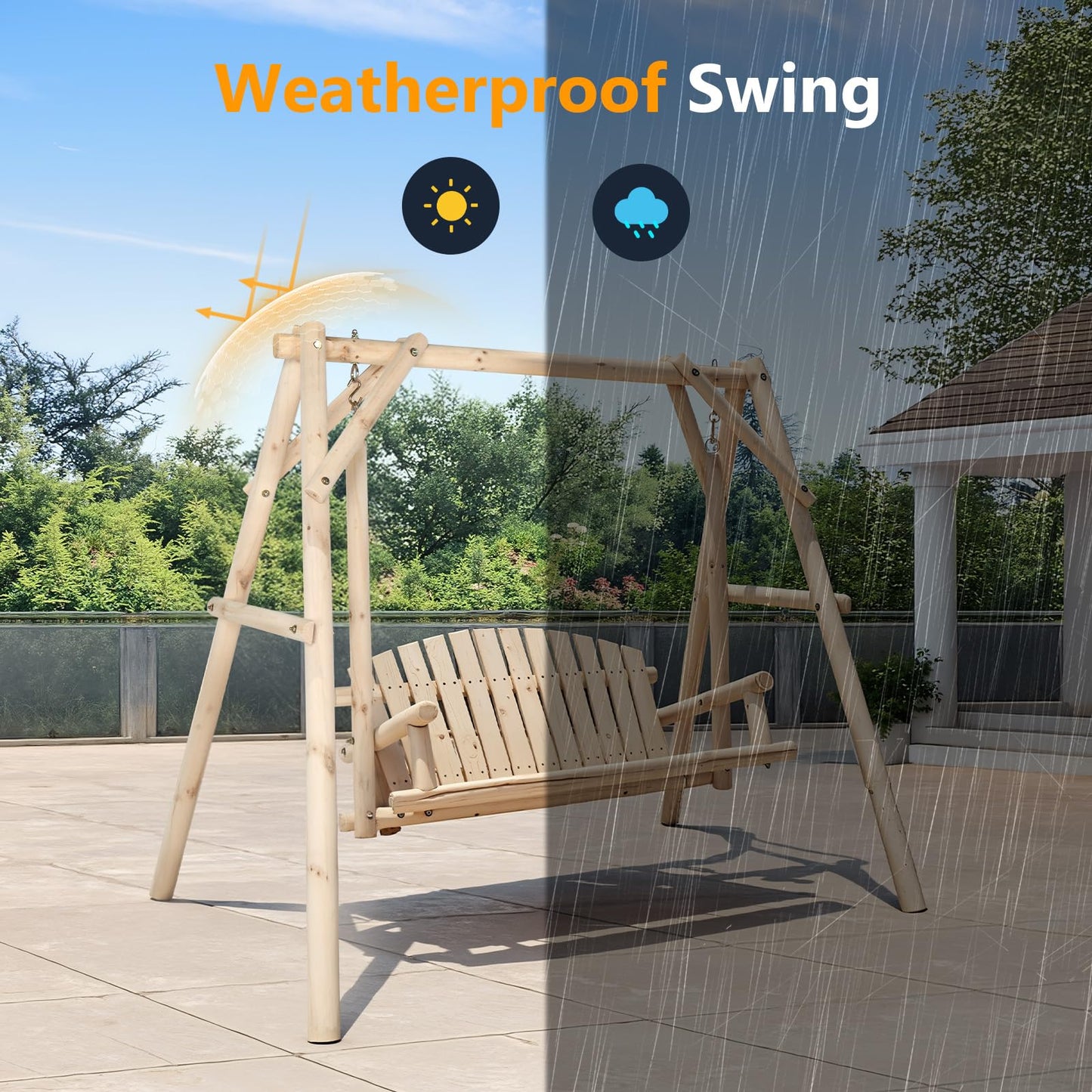 VINGLI Heavy Duty 880 LBS Wooden Patio Porch Swing with A-Frame Stand, Hanging Swing Bench Chair with Frame for Outside, Yard, Garden (Natural)
