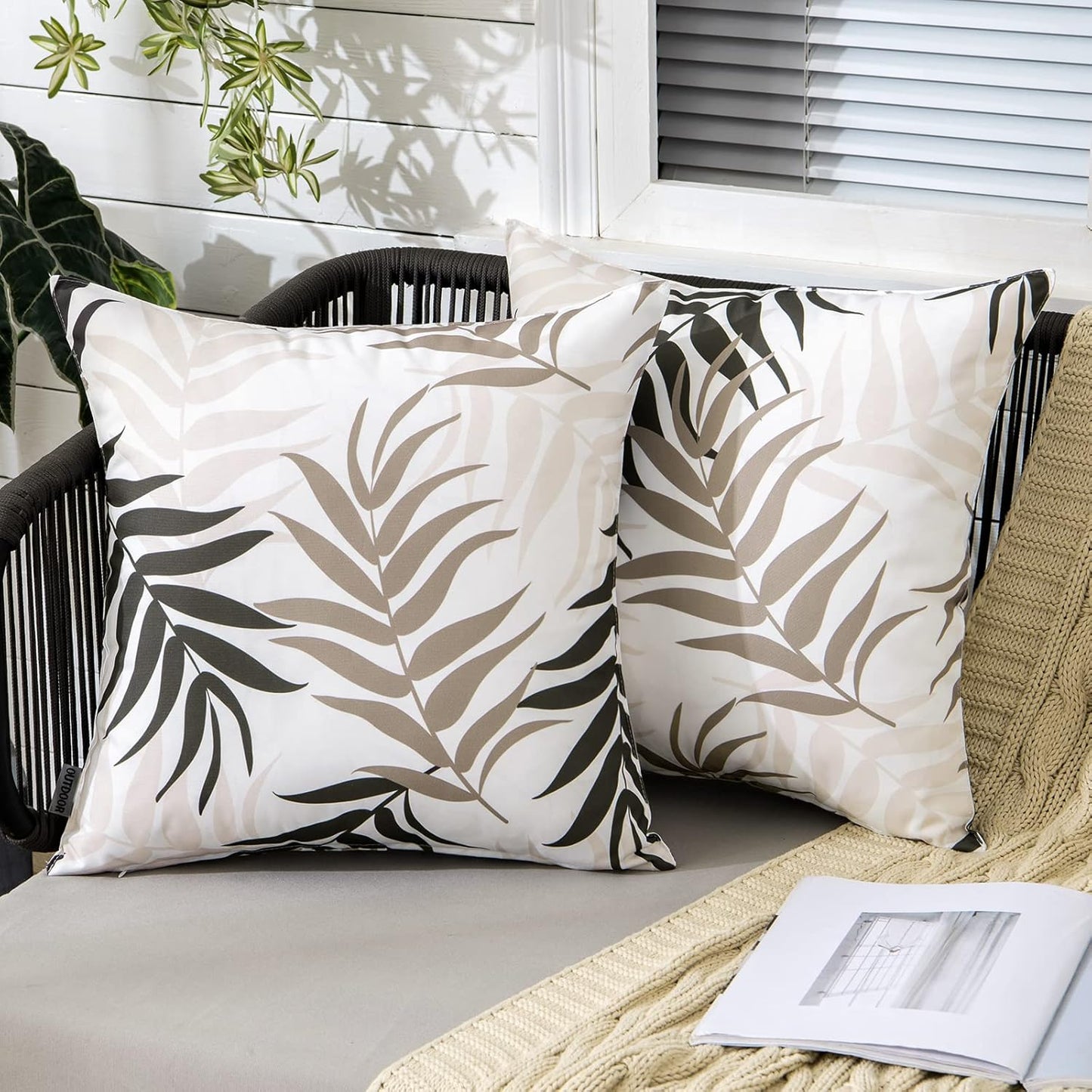 MIULEE Decorative Outdoor Throw Pillow Covers - Waterproof Natural Leaves Pattern | 18x18 Inch, Coffee Brown (Pack of 2)