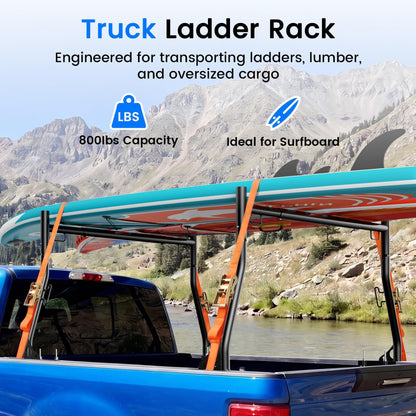 Truck Ladder Rack, 800 lbs Capacity Extendable Ladder Rack for Truck, Universal Adjustable Pickup Truck Bed Ladder Rack, Heavy Duty Steel Construction, No Drilling Required