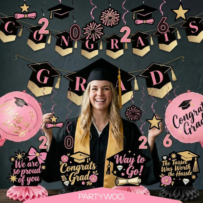 PartyWoo Graduation Decorations Class of 2026 Black Gold Pink 19pcs Grad Party Supplies with Congrats 2026 Grad Banner Hanging Swirls Foil Balloons Graduation Cap Centerpieces Party Decorations