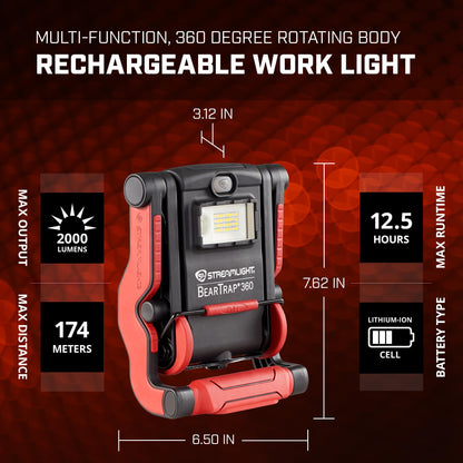 Streamlight 61523 BearTrap 360 2000-Lumen Rechargeable Work Light with Spot and Floods Modes, Rotating Body, and Magnetic Base, Red