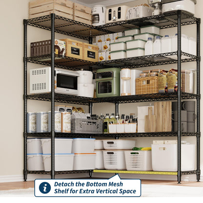 5 Tier Storage Shelving Unit Metal Shelves 70.8"W Wire Shelving, 70.5"H L-Shaped Pantry Shelves Kitchen Storage Shelves for Home Commercial Garage Heavy Duty, 70.8"H x 70.5"W x 15.8"D