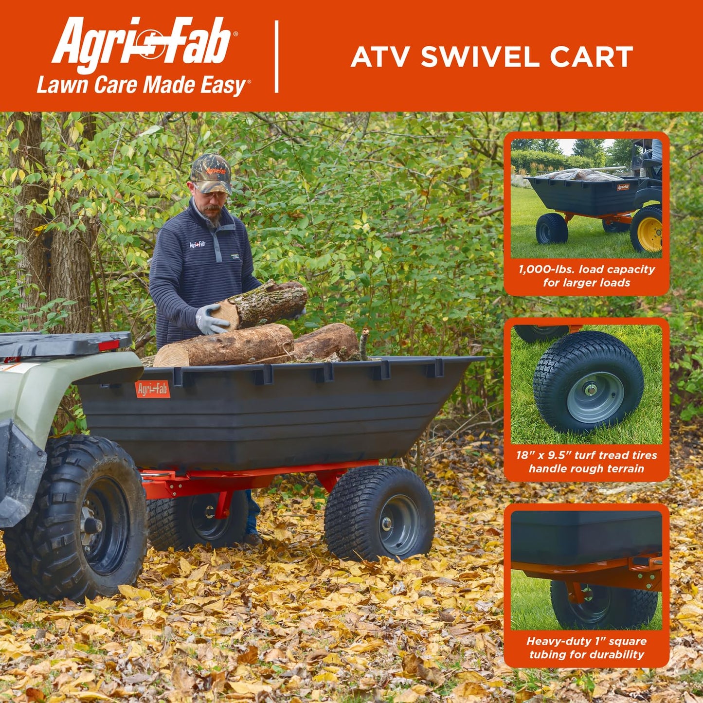 Agri-Fab Tow Behind Poly Dump Swivel Cart for ATV, UTV and Riding Lawn Mowers, 1000 lb Capacity, 17 Cu Ft Utility Trailer