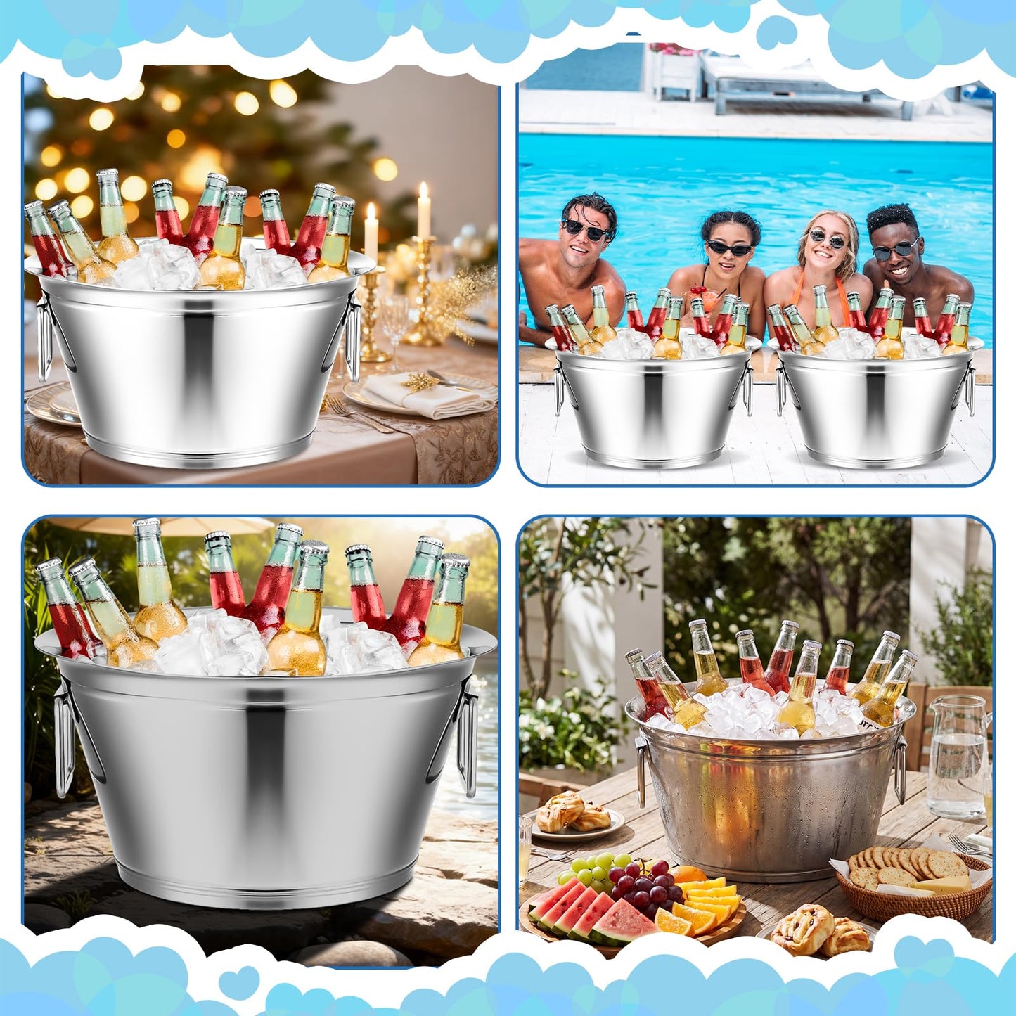Maxdot 2 Pcs Stainless Steel Beverage Tub Large Champagne Buckets 20-Quart 5-Gallon Insulated Ice Bucket for Parties with Double Hinged Handle Heavy Duty Drink Cooler Tub Wine Beer Chiller for Party