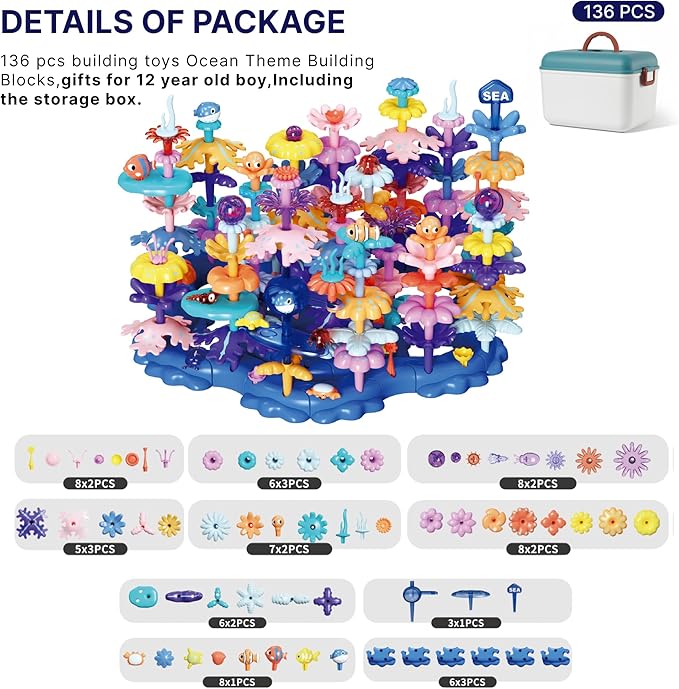 Ultimate Coral Reef STEM Building Set with Storage Box - 136PC Mega Collection 8+ Sea Creatures for Classroom Learning Kids Ages 3-6（Ocean-World-L3）