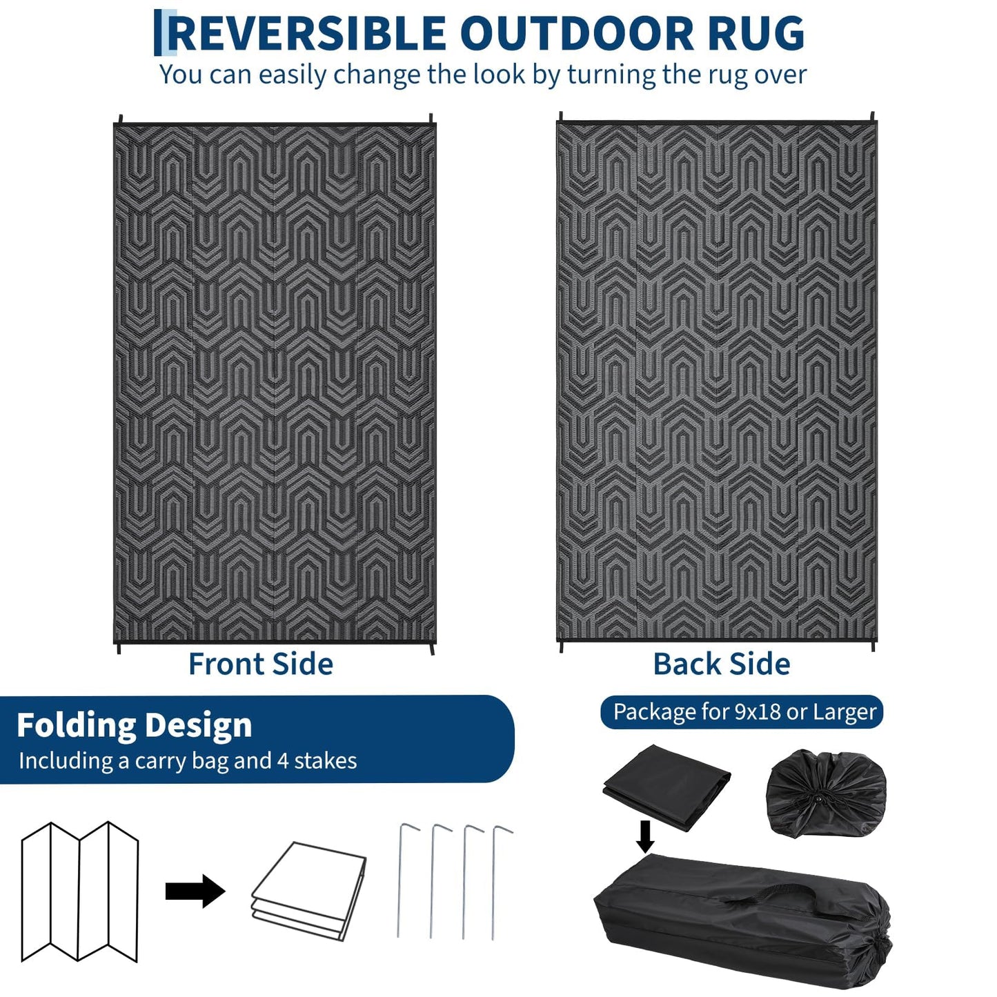 GAOMON 10'x14' Outdoor Rug Waterproof, Reversible Plastic Straw Rug for Poolside, Gazebo, Outdoor Dining Area, Backyard Party – UV Resistant, Heavy Duty, Easy Clean for High Traffic Areas, Black&Grey