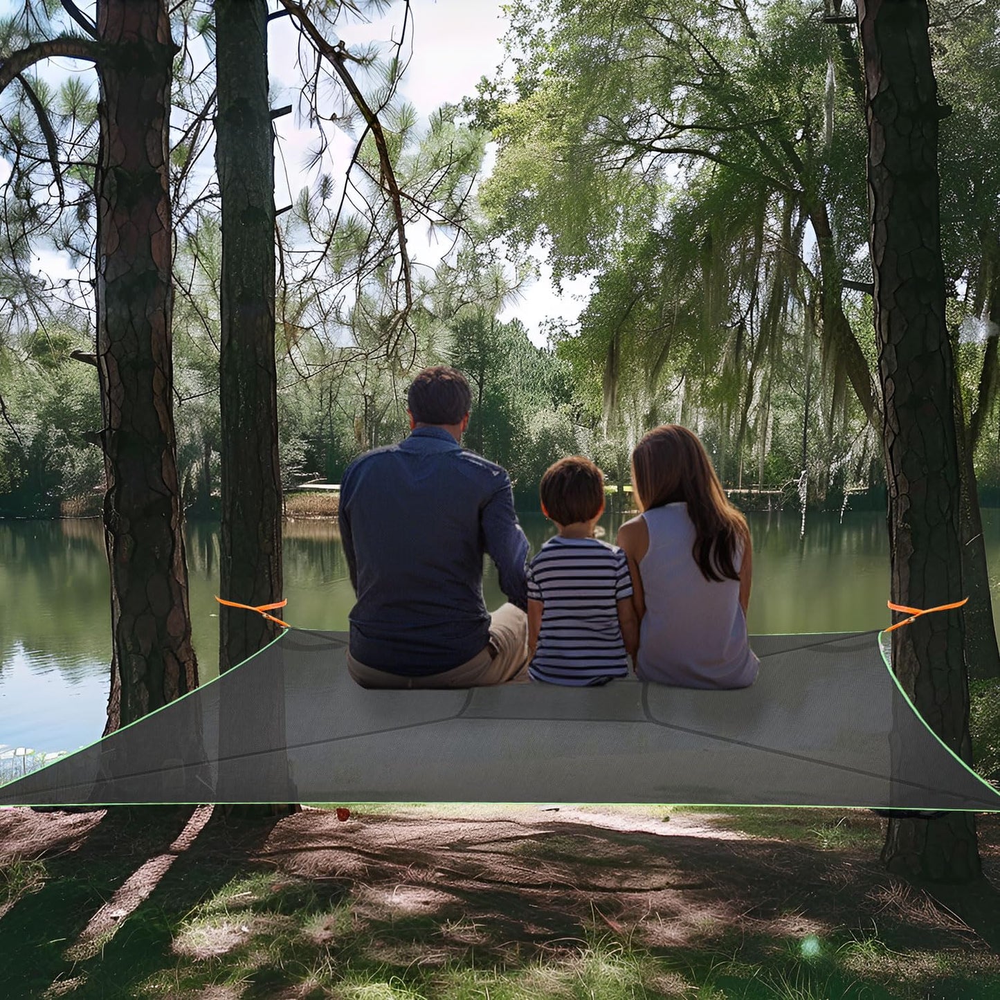 Square Hammock 13Ft Multi Person Hammock,Max 700LBs Extra Large Sky Camping Hammock for up to 4-6 Adults/Kids with 4 Ratchets/Straps/Net Pockets/Carabiners and Storage Bags,Black