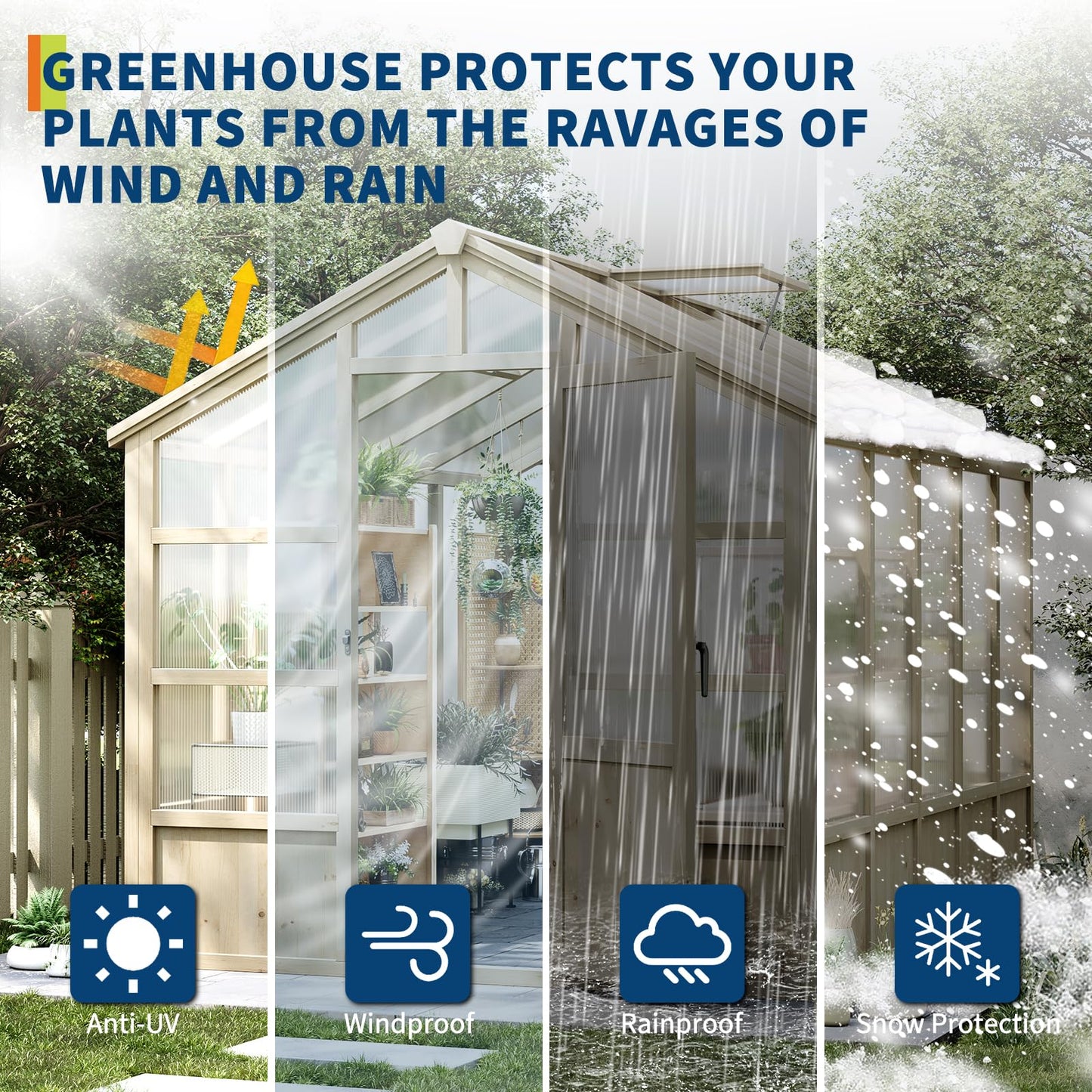 10x8FT Greenhouses for Outdoors, Wooden Greenhouse with Lockable Door, Wood Frame & Adjustable Vent, Polycarbonate Panel Heavy Duty Greenhouse for Outside, Garden, Yard, Light Brown