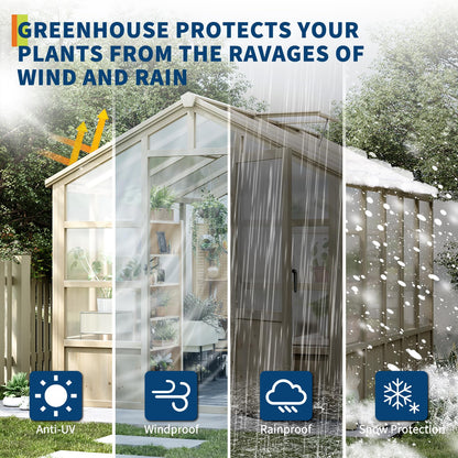 10x8FT Greenhouses for Outdoors, Wooden Greenhouse with Lockable Door, Wood Frame & Adjustable Vent, Polycarbonate Panel Heavy Duty Greenhouse for Outside, Garden, Yard, Light Brown
