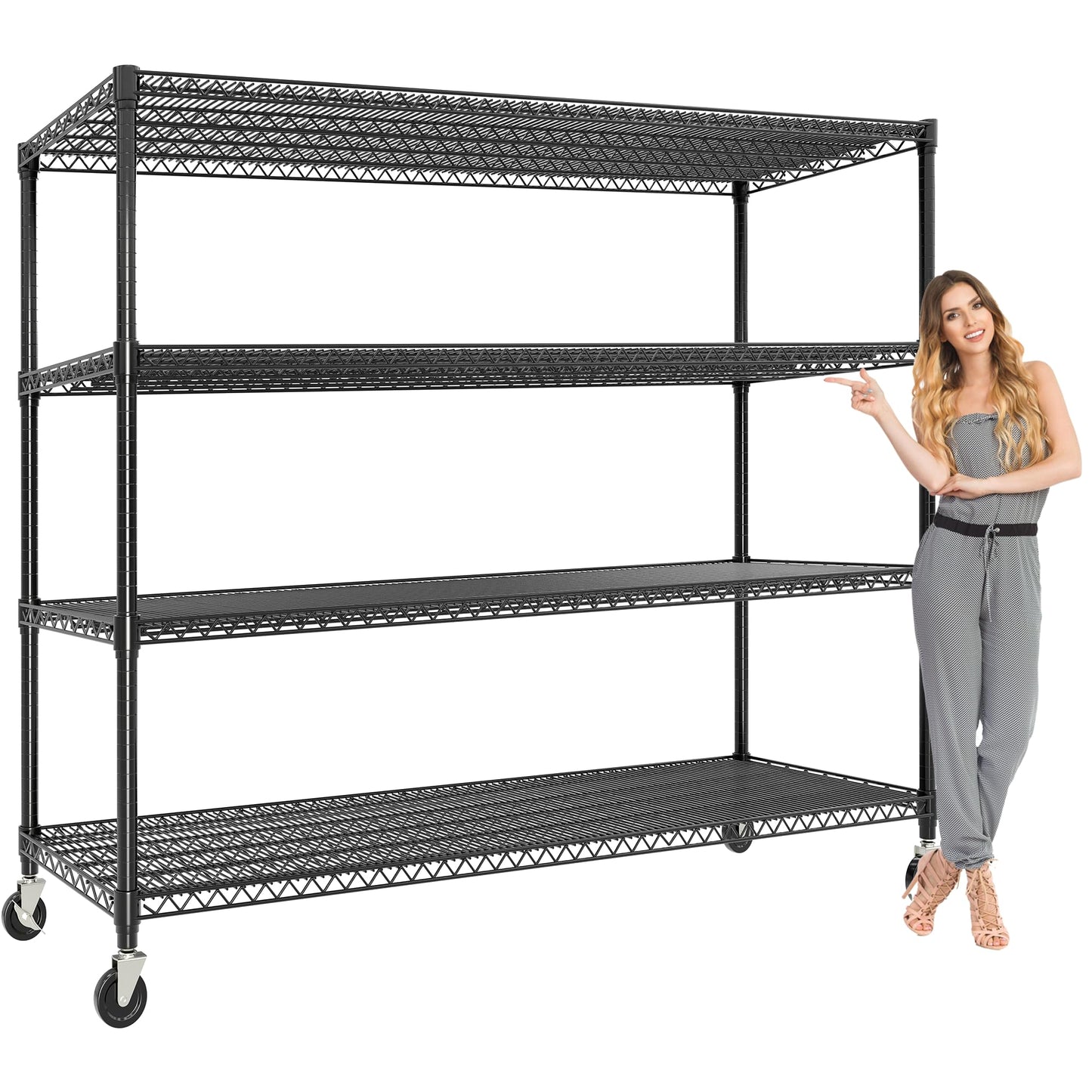 MilleLoom Metal Shelving with Wheels, 2640LBS 4-Tier Heavy Duty Garage Storage Shelves, Adjustable Wire Rack Shelving Unit w/Casters, Rolling Shelf for Home, Workshop, Basement, 74" H×24" D×60" W