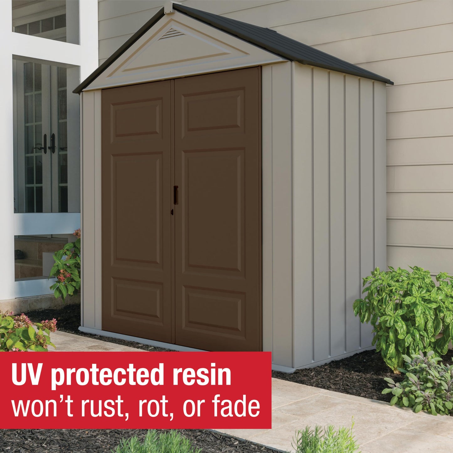 Rubbermaid Resin Outdoor Storage Shed With Floor (7 x 3.5 Ft.) Weather Resistant Brown/Grey Organization for Home/Lawn Mower/Backyard Equipment/Bike Storage/Pool Supplies