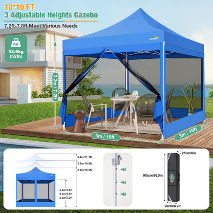 COBIZI Canopy Tent 10x10 Heavy Duty, Pop Up Gazebo with Netting Screened, Waterproof Ez up Canopy with Sidewalls, Outdoor Instant Screen House Tent for Party, Backyard, Wedding, Birthday, Blue