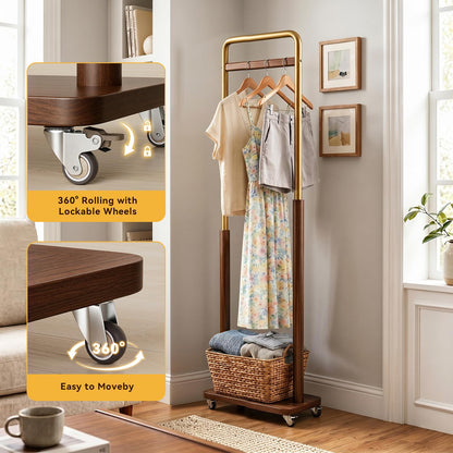 Taitiy Clothes Rack Solid Wood Coat Rack, Metal and Solid Wood Combination Clothing Rack with Wheels for Entryway, Bedroom, Living Room, Coat Racks Freestanding for Hanging Clothes Garment Scarf