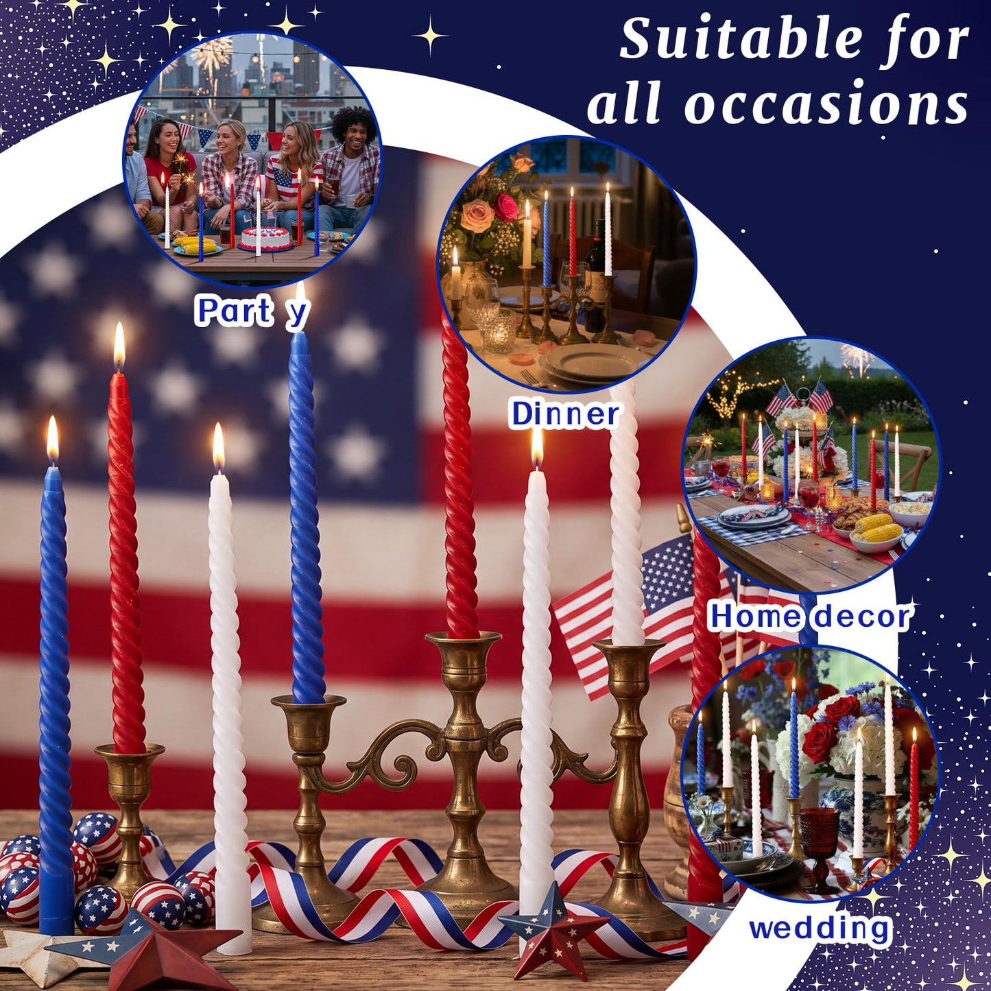 Conelist 12 Pack Red White Blue Spiral Taper Candles Patriotic Flameless Candles Unscented Dripless Twisted Candle Decor with Box 10 Inch for 4th of July 250 Anniversary Independence Day