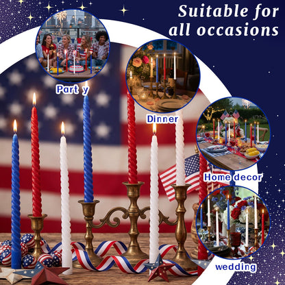 Conelist 12 Pack Red White Blue Spiral Taper Candles Patriotic Flameless Candles Unscented Dripless Twisted Candle Decor with Box 10 Inch for 4th of July 250 Anniversary Independence Day