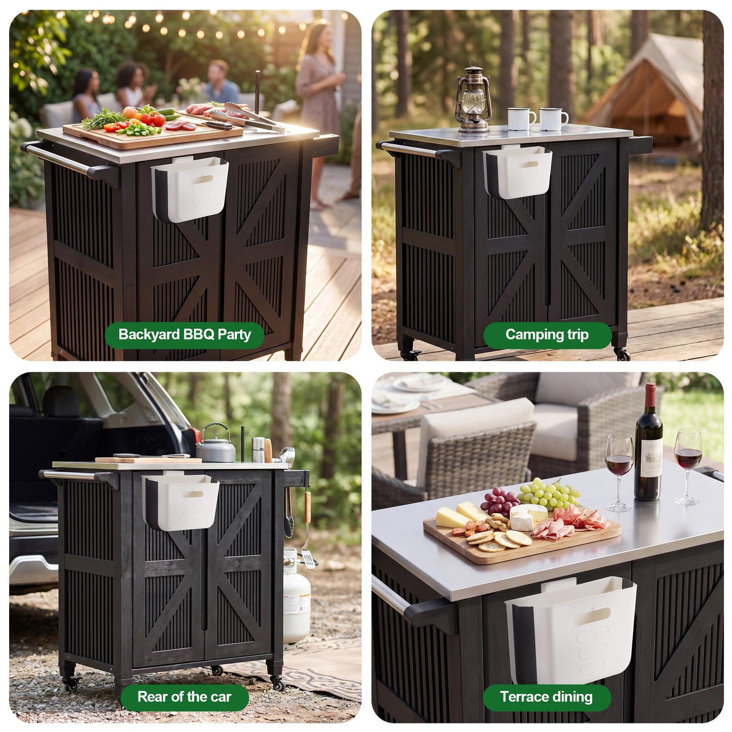 Nice C Grill Cart with Wheel, Outdoor Kitchen Island, Outdoor Grill Station Bar Cart with Stainless Steel Tabletop, Dining Cart Table Storage Cabinet, Grill Table for BBQ Food Prep