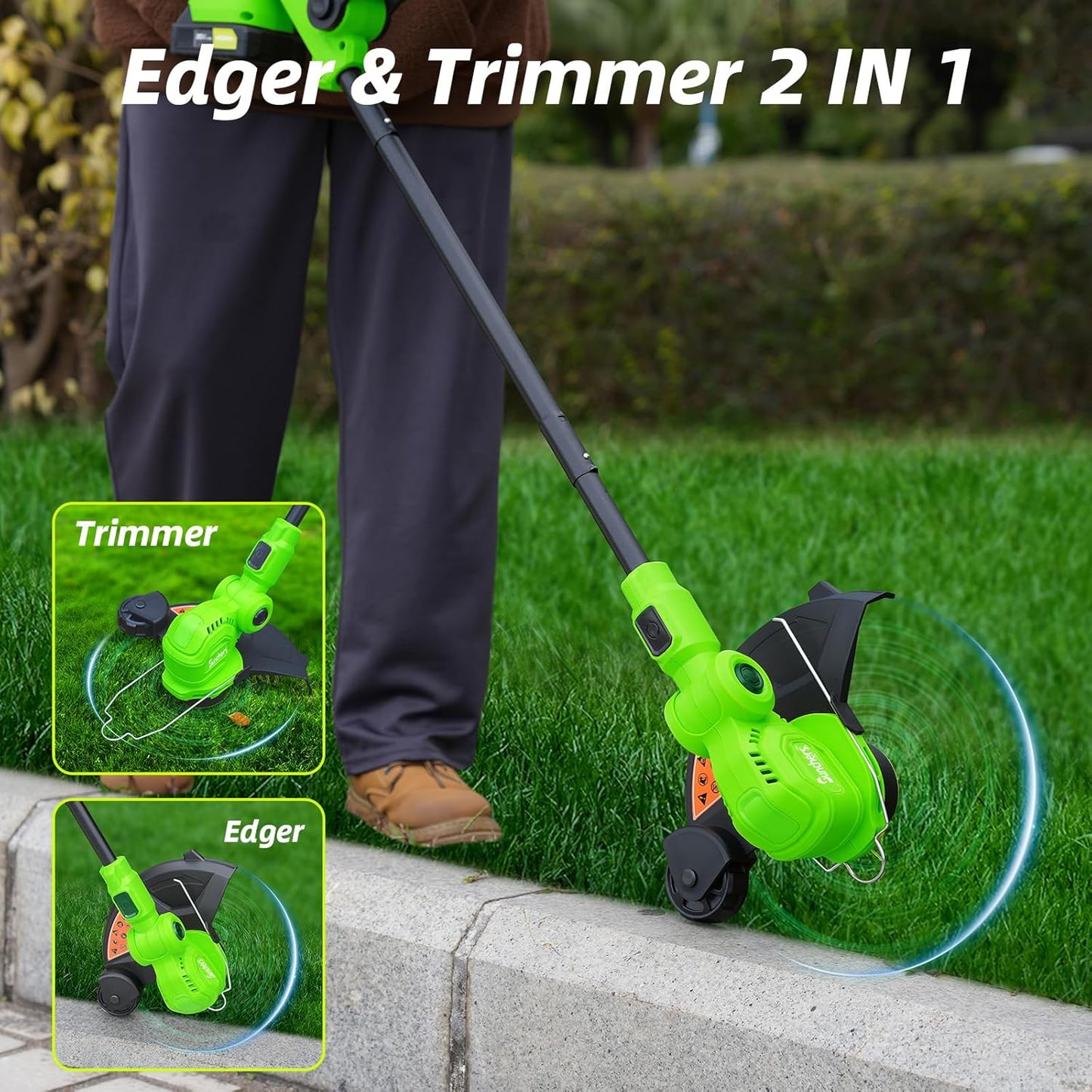 SUNCHERS 20V Cordless String Trimmer - 12-Inch Lawn Edger with Auto Line Feed & 2 Batteries | Green