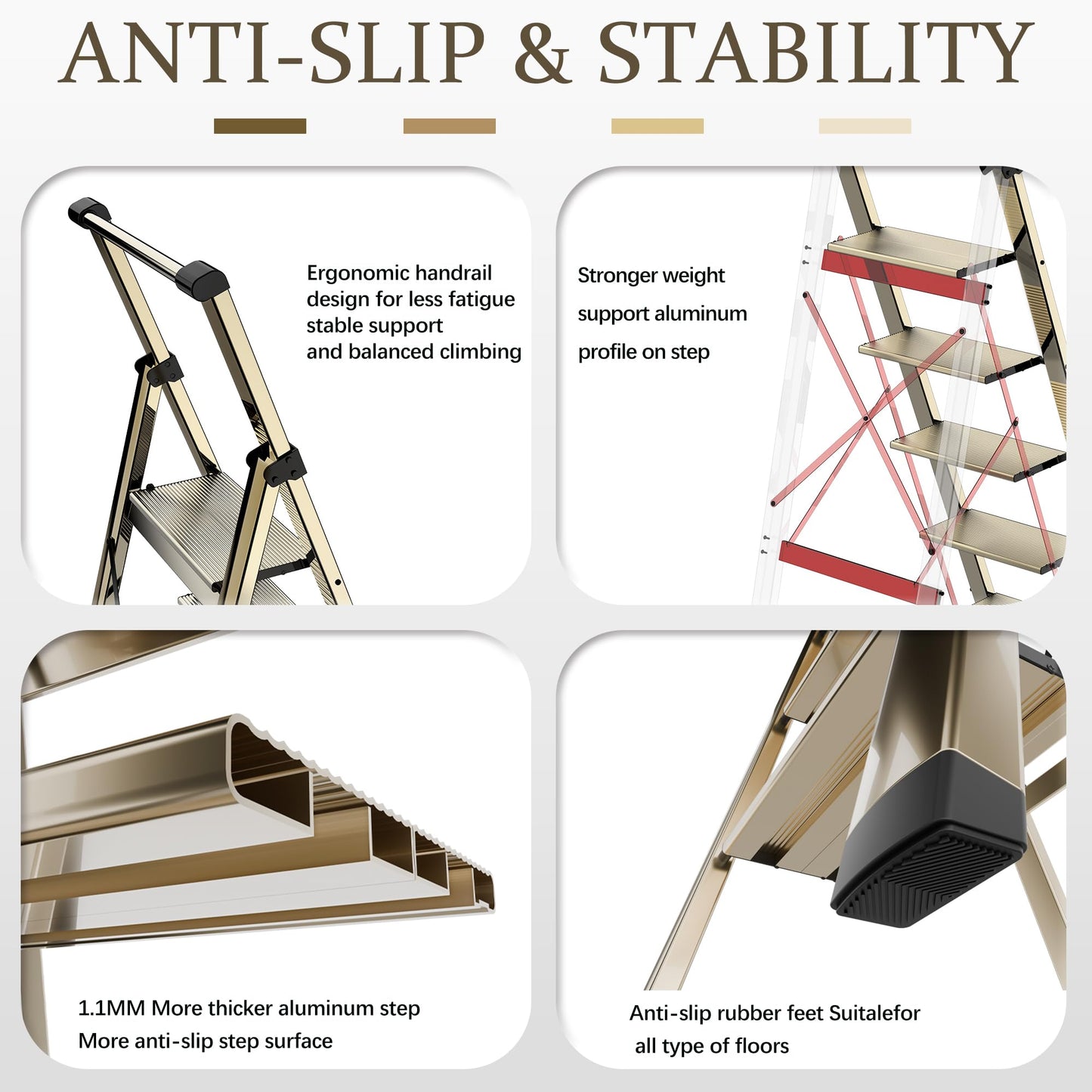 5 Step Ladder Adult Portable Folding Step Stool, Folding Aluminum Step Ladder with Double Padded Treads, Step Ladder with Handle for Home, Kitchen, Outdoor, 330 lb - Champagne Gold