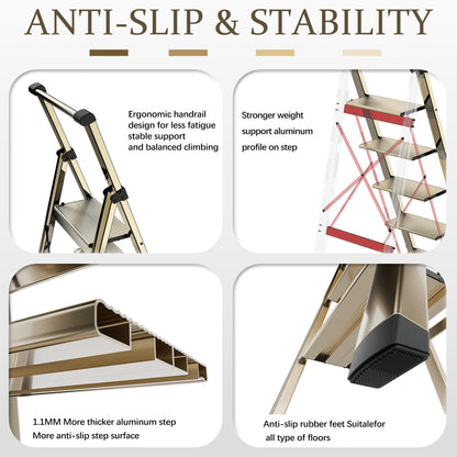 5 Step Ladder Adult Portable Folding Step Stool, Folding Aluminum Step Ladder with Double Padded Treads, Step Ladder with Handle for Home, Kitchen, Outdoor, 330 lb - Champagne Gold