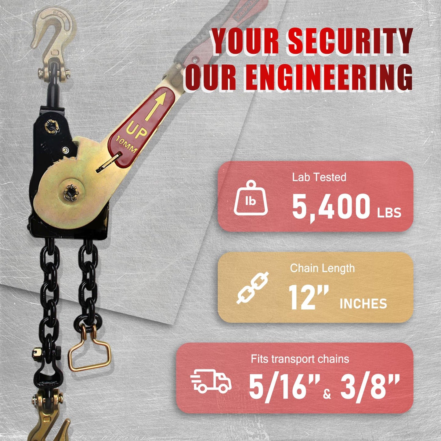 MOTHARIX Ratchet Chain Binders with Grab Hooks, 5400LBS WLL Heavy Duty Tie Down for 5/16" - 3/8" Chains, Secure Load Binder for Flatbed Trailers, Trucks & Heavy Equipment Hauling