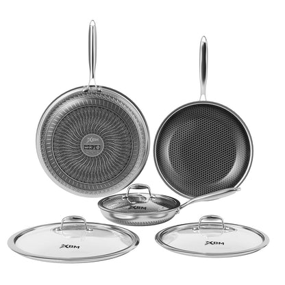 XBM Nonstick Frying Pan Set with 3 Lids, 8+10+12 Inch, Honeycomb Stainless Steel Skillet Pans Set, PFOA-Free Scratch-Proof, Dishwasher & Oven Safe, Compatible with All Cooktops
