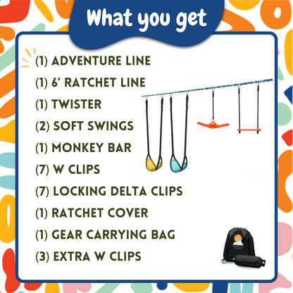 Adventure Line- Swing, 2 Soft Swings, 1 Super Twister, and 1 Sturdy Metal Monkey Bar