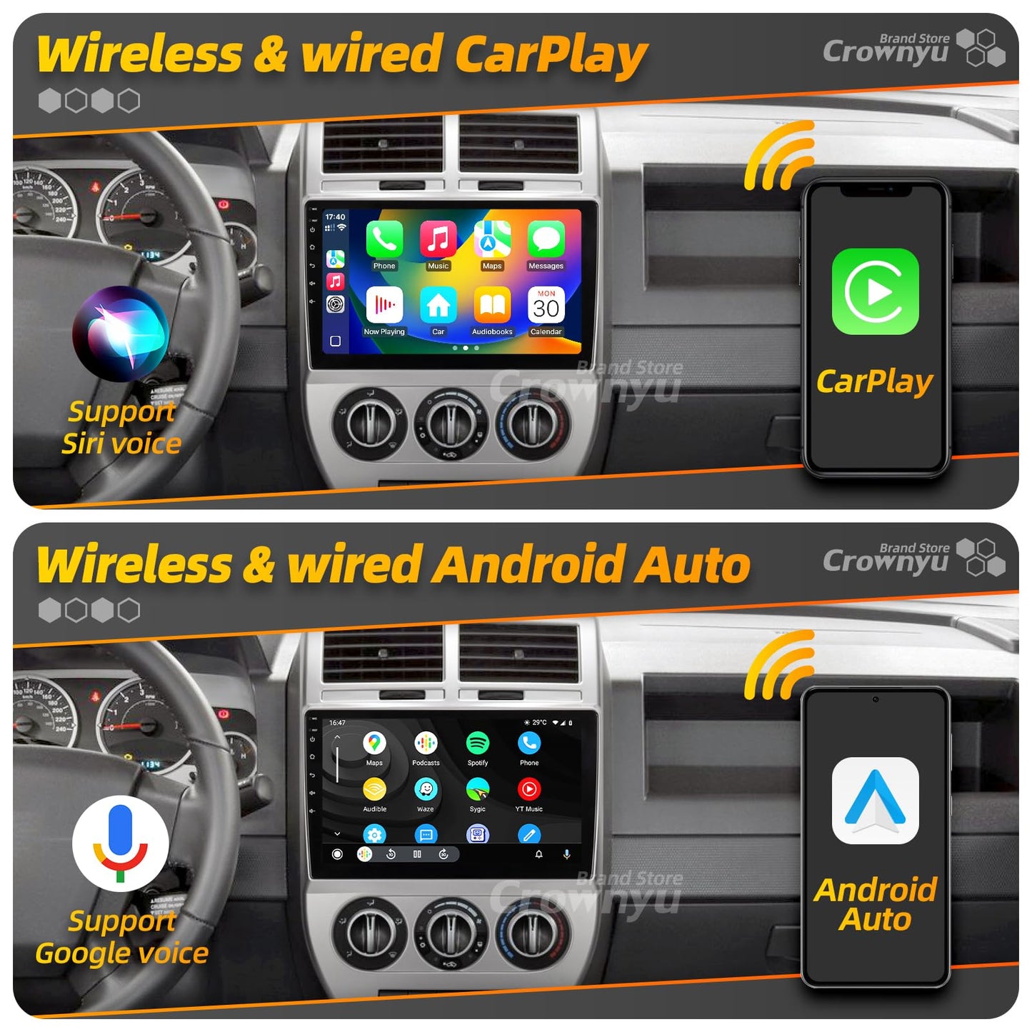 Crownyu for Jeep Patriot Compass Radio Compatible with Wirelessly Carplay Android Auto Upgrade Car Stereo Bluetooth Navigation Touchscreen GPS FM WiFi Media Player Backup Camera Head Unit (2007-2009)