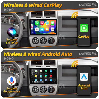 Crownyu for Jeep Patriot Compass Radio Compatible with Wirelessly Carplay Android Auto Upgrade Car Stereo Bluetooth Navigation Touchscreen GPS FM WiFi Media Player Backup Camera Head Unit (2007-2009)