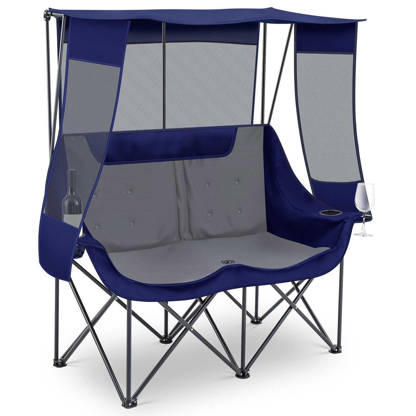 Teenyyou Double Camping Chair with Canopy - 2 Person Beach Chair with UV Sun Protection 660lbs Heavy Duty Foldable Loveseat with 2 Cup Holder & Storage Bag for Lawn Beach Outdoor Sport(Blue and Grey)
