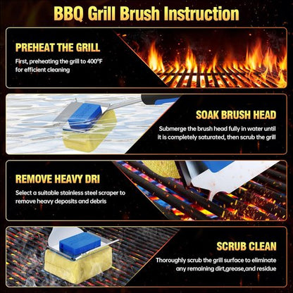 Grill Brush - Bristle-Free BBQ Cleaner with Replaceable Head & Extended Handle | Safe for Cast Iron & Stainless Steel Grates - Blue