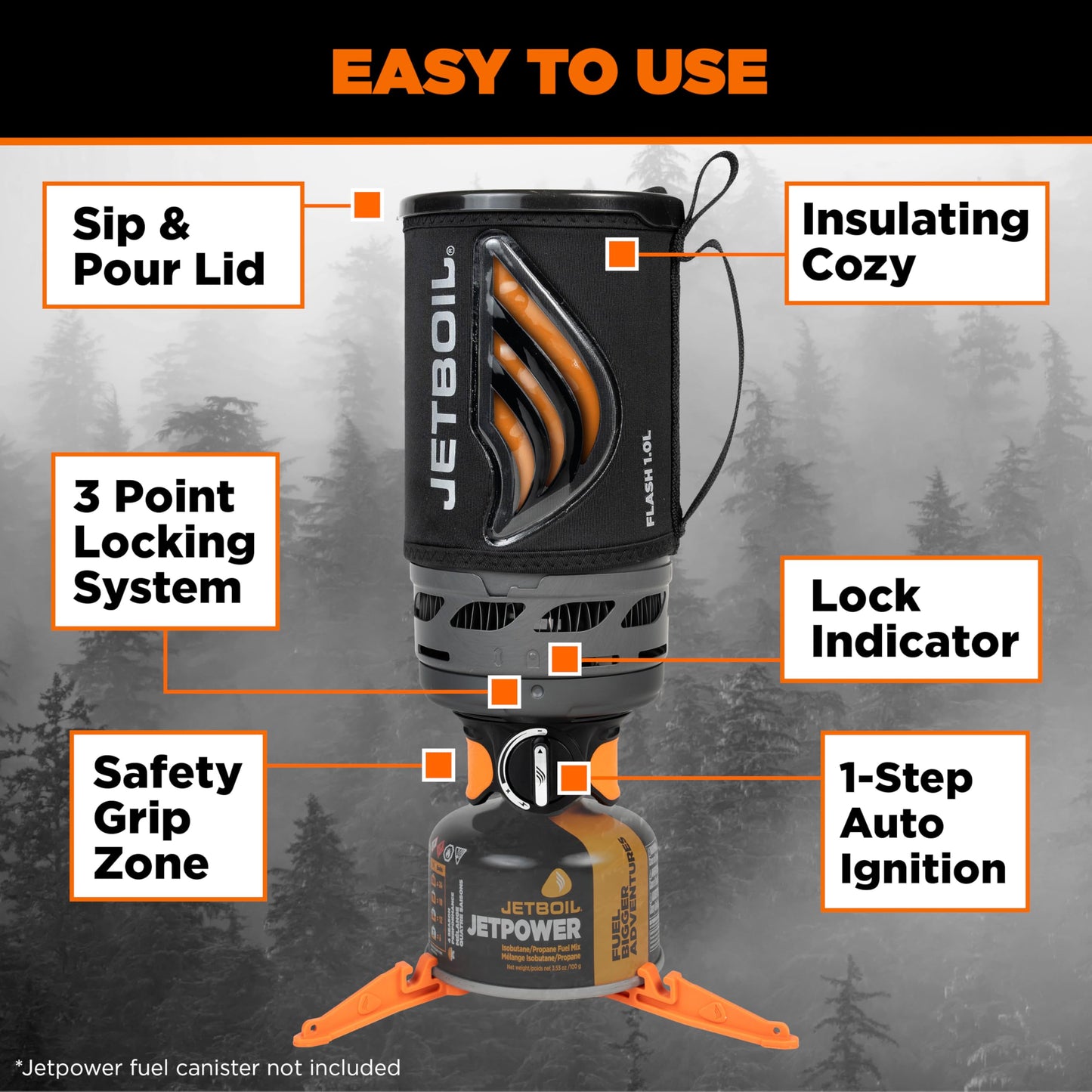 Jetboil Flash 1.0L Portable Fast Boil Stove for Camping and Backpacking with 1-Step Auto Ignition, Propane/Isobutane Burner with Cooking Cup, Carbon