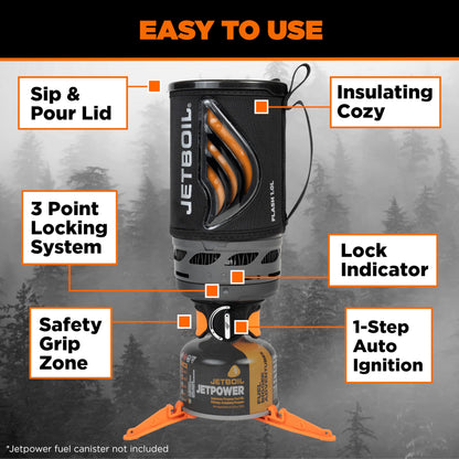 Jetboil Flash 1.0L Portable Fast Boil Stove for Camping and Backpacking with 1-Step Auto Ignition, Propane/Isobutane Burner with Cooking Cup, Carbon