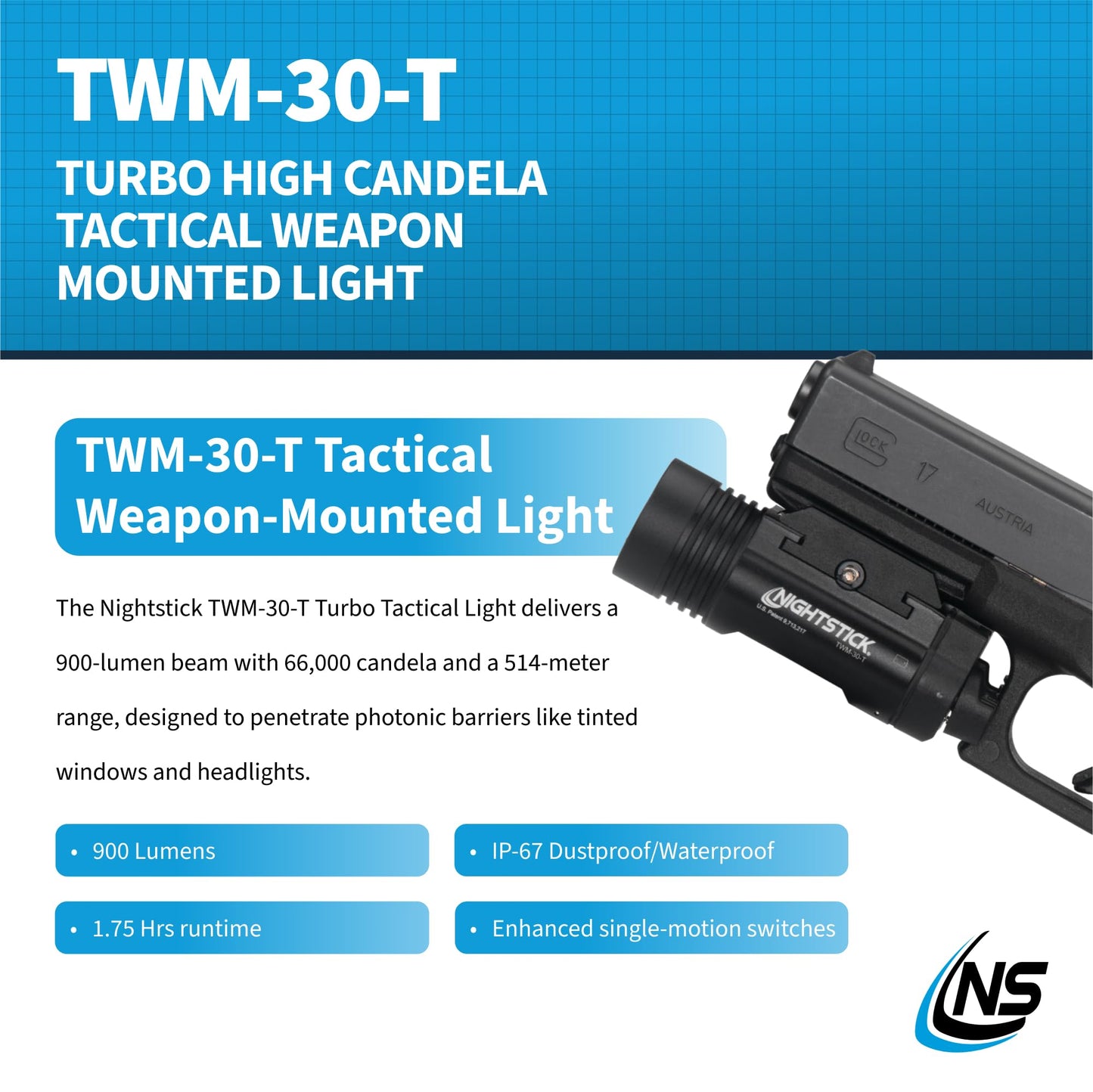Nightstick TWM-30-T Full Size Turbo High Candela Handgun Light - 2 CR123 - Black