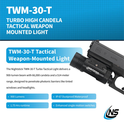 Nightstick TWM-30-T Full Size Turbo High Candela Handgun Light - 2 CR123 - Black