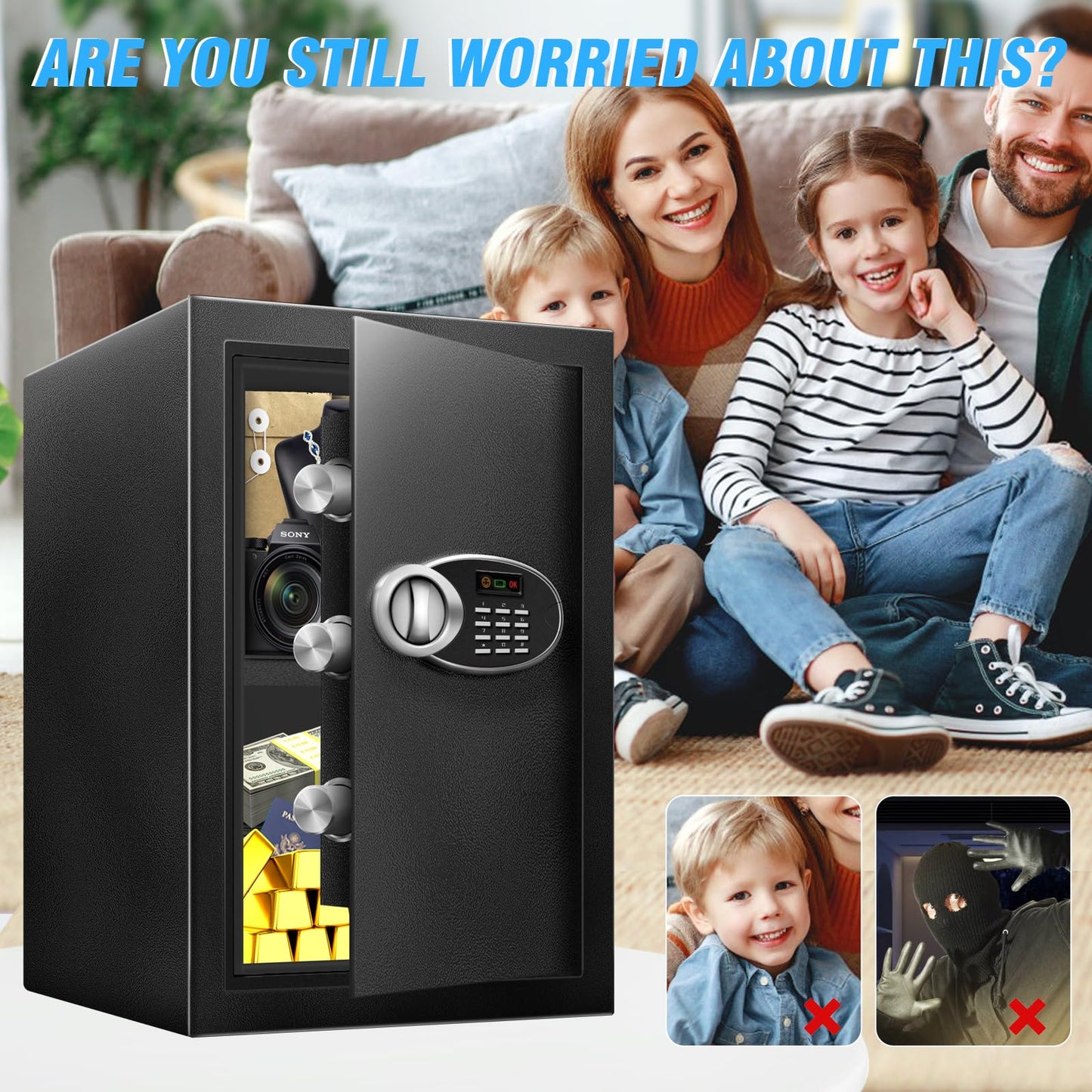 16.54" Tall Large Safe Box with Fireproof Waterproof for Documents - Steel Security Personal Fire Safe with Digital Keypad, Emergency Battery Box & Combination Lock, Safety Box for Valuables Money