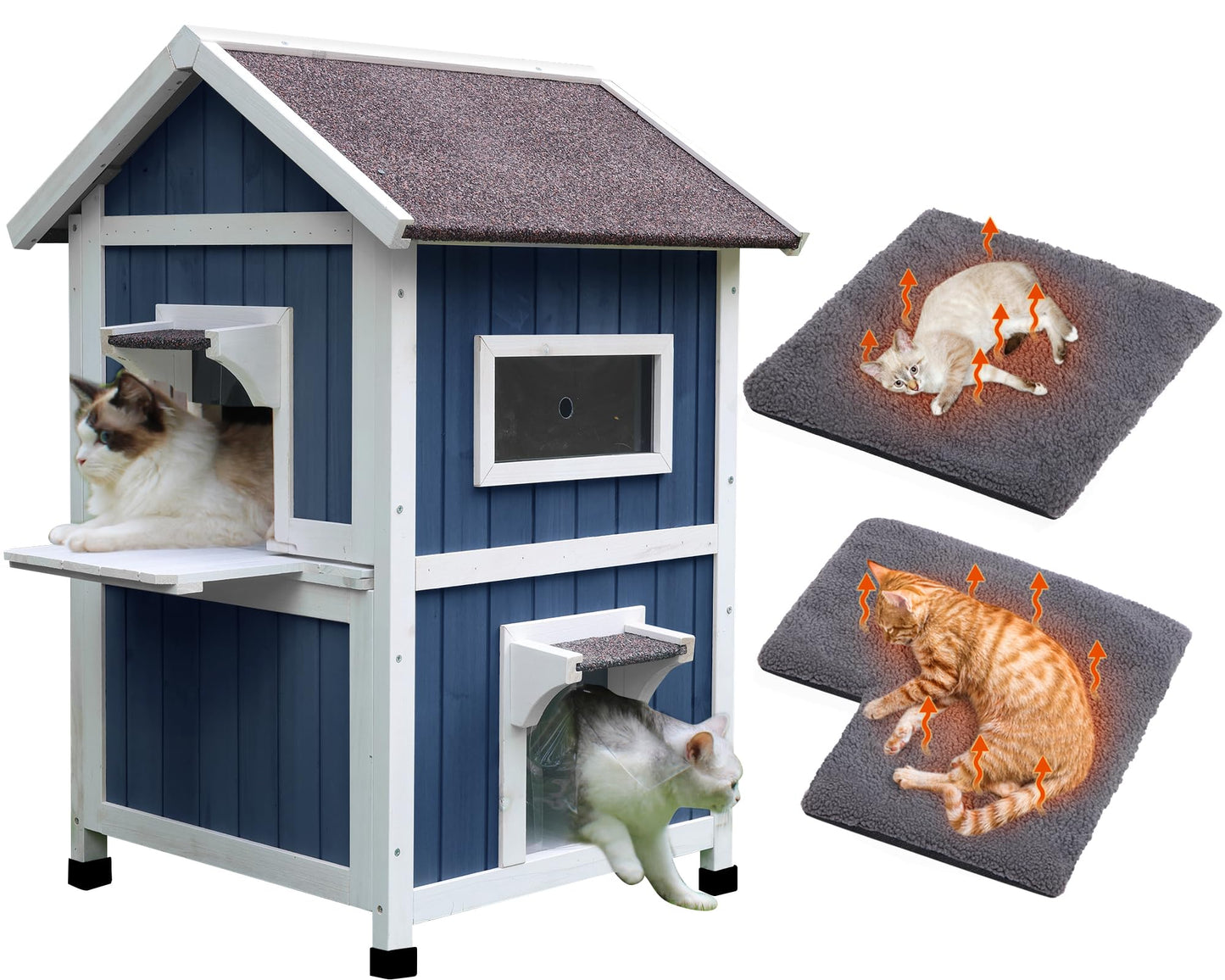 Rockever Outdoor Cat House, 2 Story Outdoor Houses for Feral Cats Wooden Outside Cat Shelter Weatherproof with Escape Door