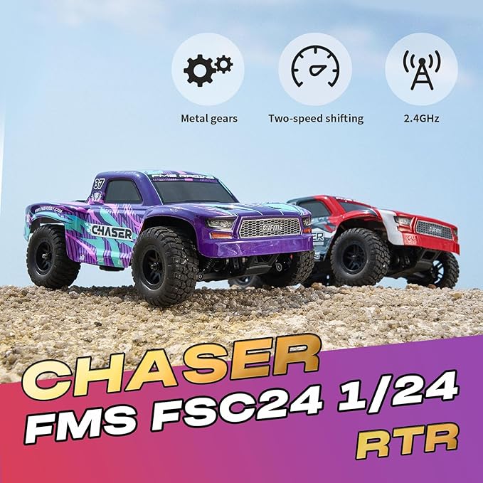 FCXㅤ FMS FSC24 1/24 Chaser RC Crawler Short-Course Trucks with High Strength Nylon Frame 2 Speed Switch Up to 26km/h Hobby RC Car for Adults Gifts (Red)
