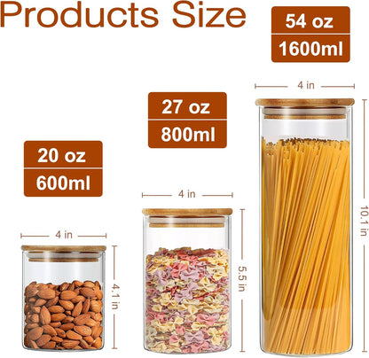 YMMIND Glass Food Storage Jars - Airtight Bamboo Lid Canisters Set of 3 | Clear Cylindrical Containers for Pasta, Coffee, Cookies, Nuts, Cereal, Oats, Flour