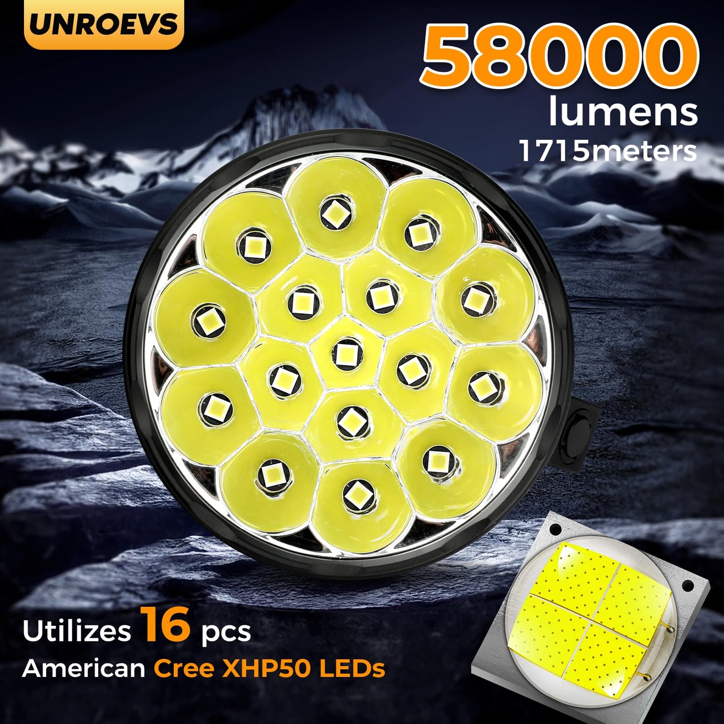 W322-1 Brightest Flashlight 58000 Lumens,Super Bright Flashlight with 16 pcs Cree XHP50.3 LEDs,High Powered Flash Light Long Beam 1715 Meters,Most Powerful Light for Caving,Search,Rescue .(Small)