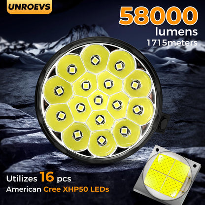 W322-1 Brightest Flashlight 58000 Lumens,Super Bright Flashlight with 16 pcs Cree XHP50.3 LEDs,High Powered Flash Light Long Beam 1715 Meters,Most Powerful Light for Caving,Search,Rescue .(Small)