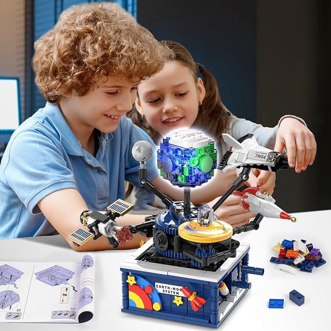 Planet Rotatable Space Sets with Light - Earth &amp Moon Space Exploration Building Toys with Shuttle Spaceship Science Kits Building Blocks Gifts for Kids Age 8+ Years Old Boys Girls(554 PCS)